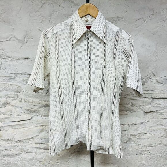 Kings Road Sears Vtg 70s Crepe Fabric Swiss Dot Print Shirt Dagger Spread Collar - Picture 1 of 6